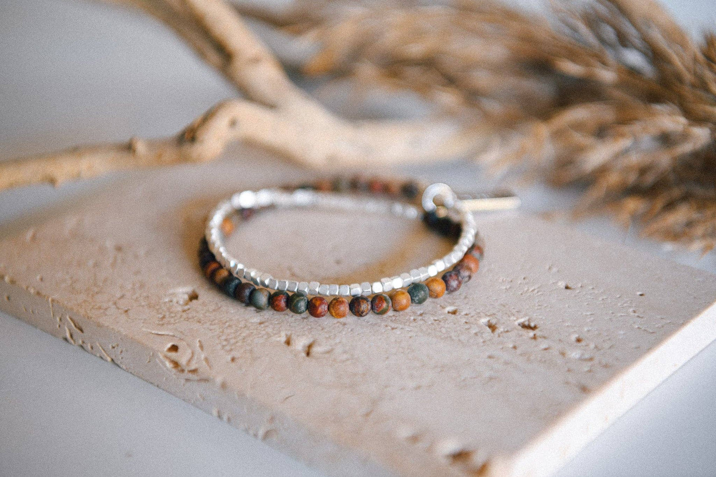 Gemstone Double Wrap Silver Beaded Bracelet