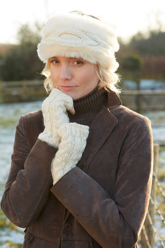 Cable Knit Fleece Lined Wool Fingerless Gloves