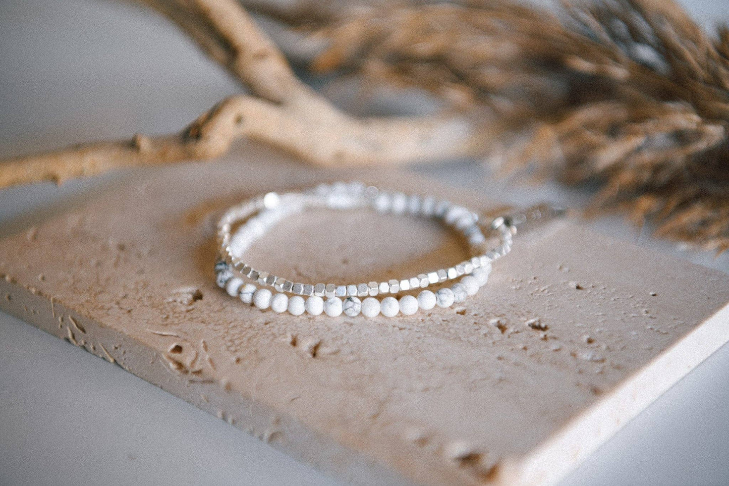 Gemstone Double Wrap Silver Beaded Bracelet