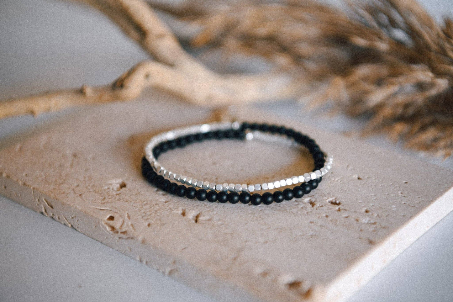 Gemstone Double Wrap Silver Beaded Bracelet