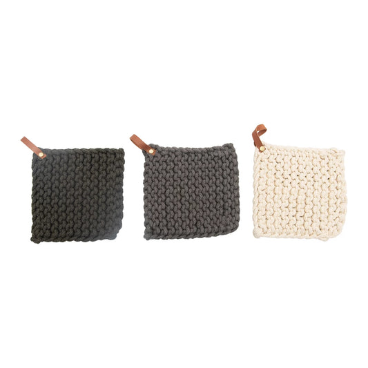 Cotton Crocheted Pot Holder w/ Leather Loop, 3 Colors