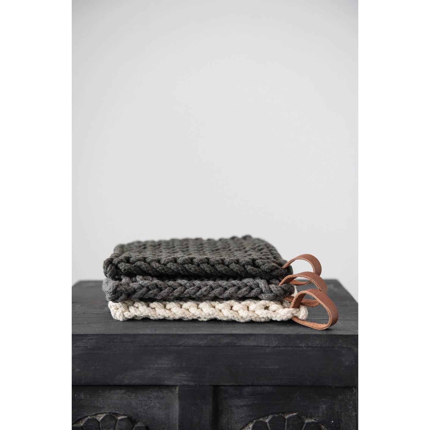 Cotton Crocheted Pot Holder w/ Leather Loop, 3 Colors