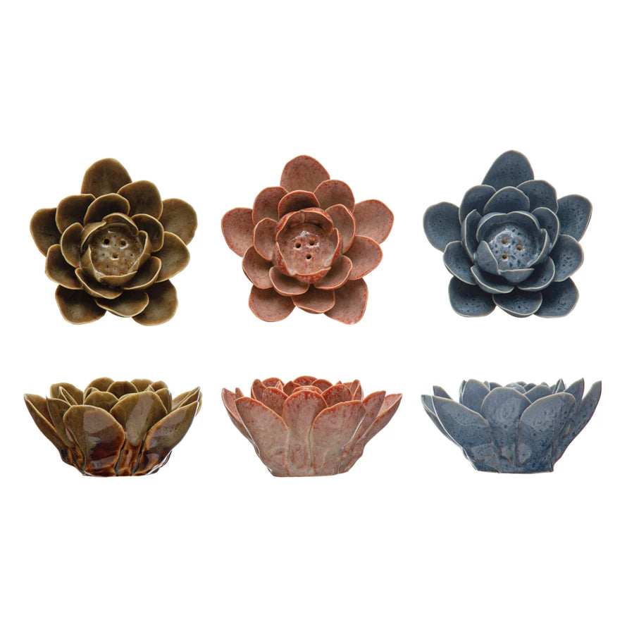 Handmade Stoneware Flower Incense Holder, Reactive Glaze, 3 Colors