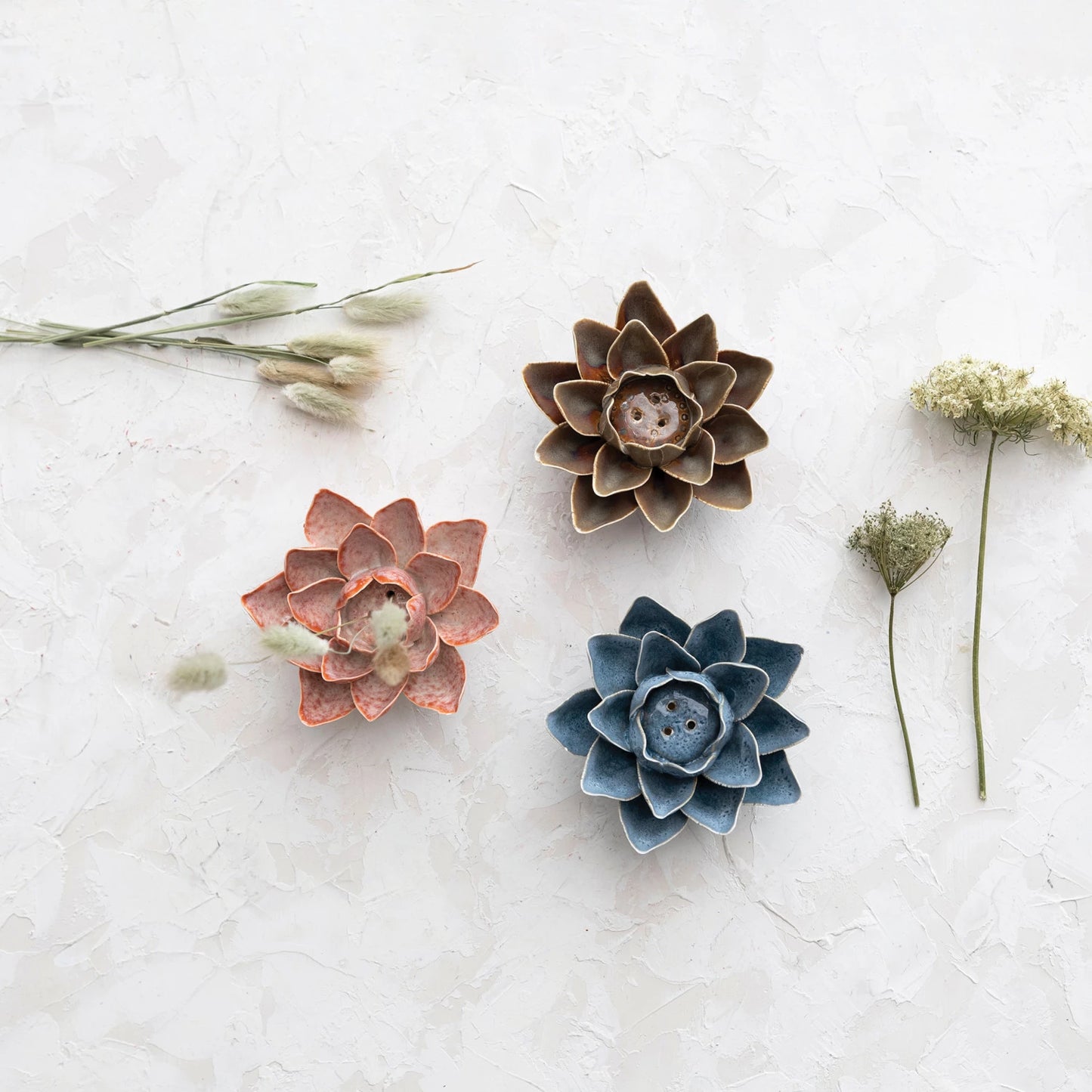 Handmade Stoneware Flower Incense Holder, Reactive Glaze, 3 Colors