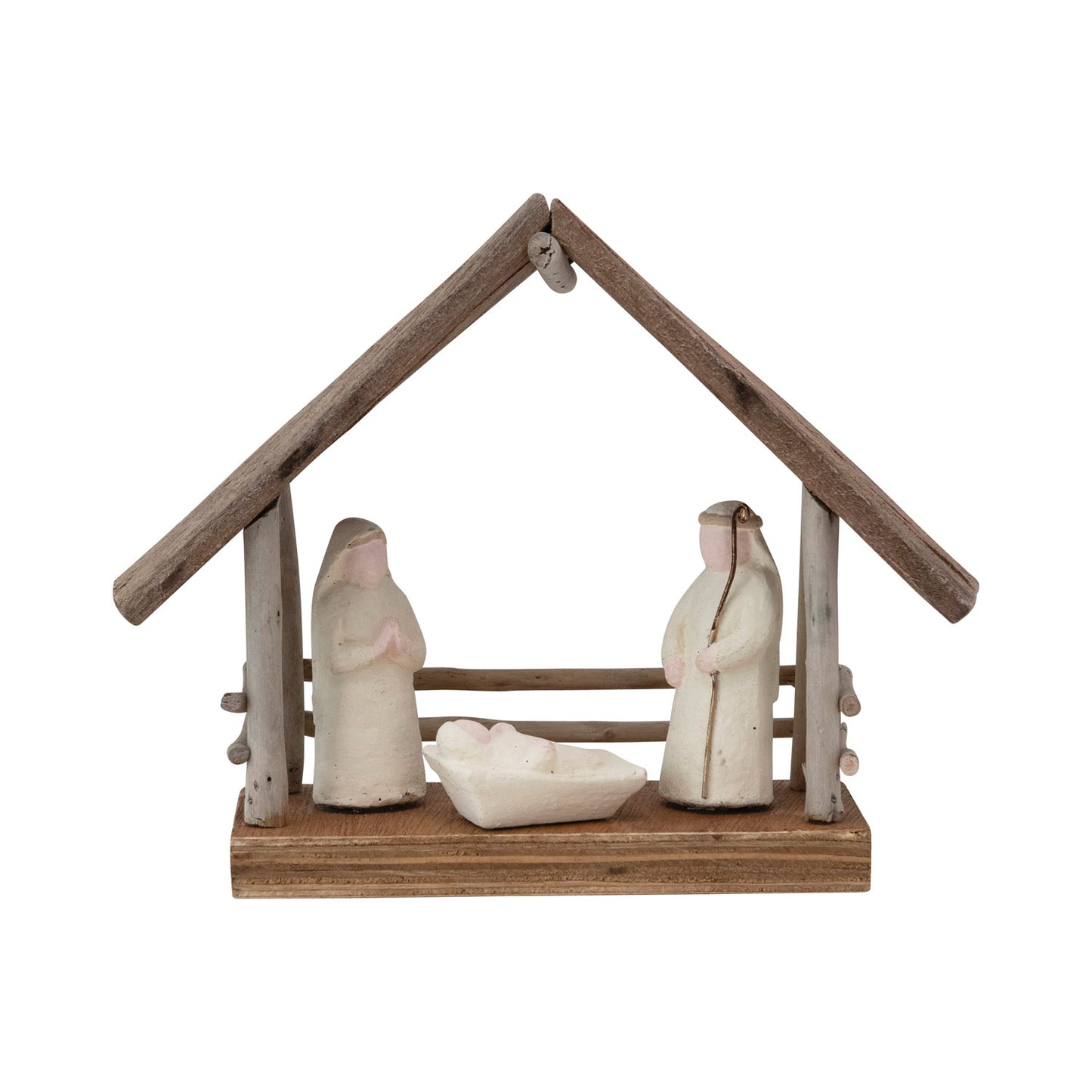 8-1/2"L x 3"W x 7"H Handmade Driftwood and Paper Mache Nativity with Wood Base