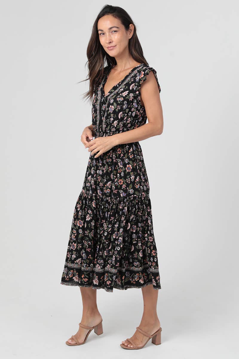 Black Tiered Floral Midi Dress