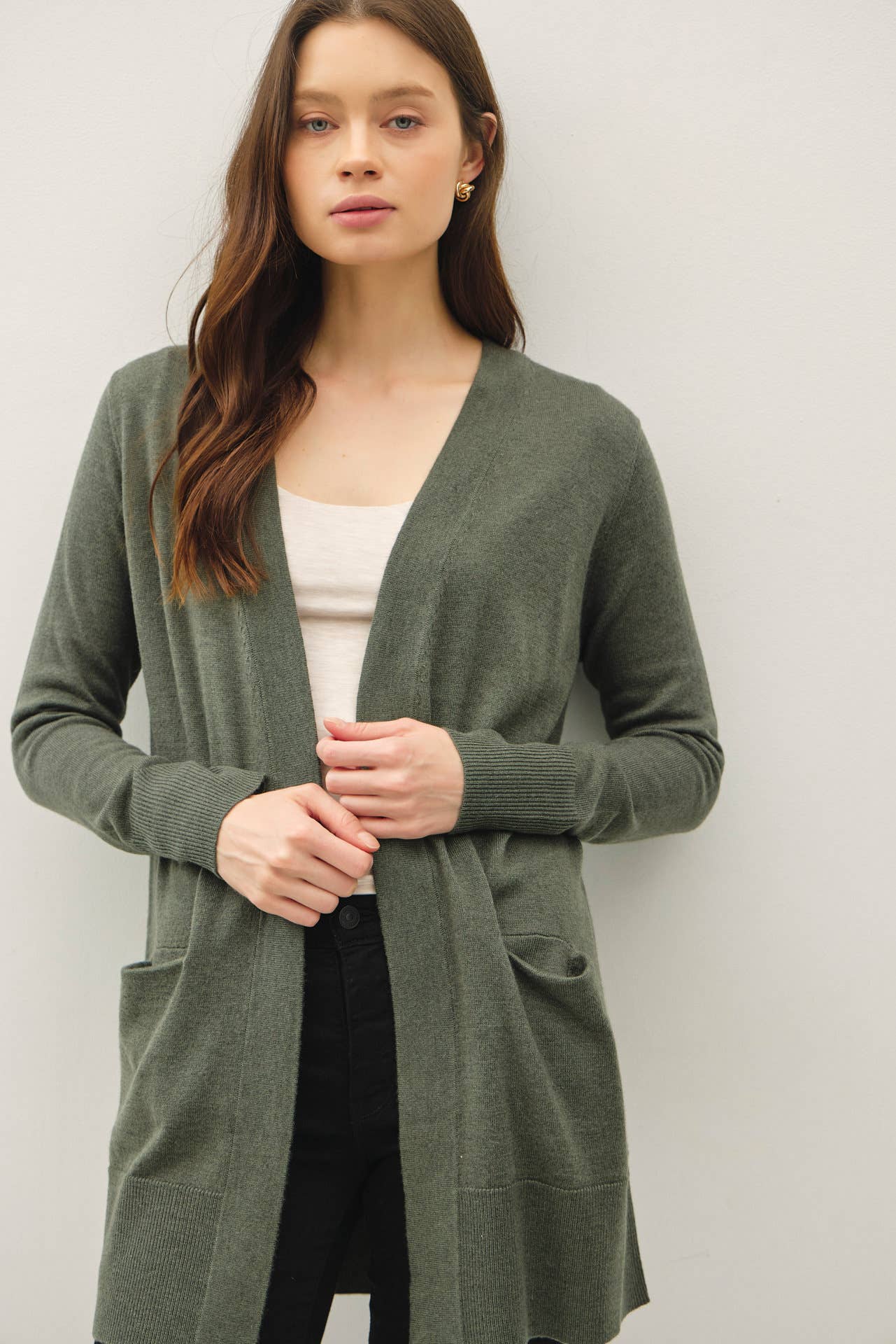WOOL BLENDED BASIC OPEN LONG CARDIGAN
