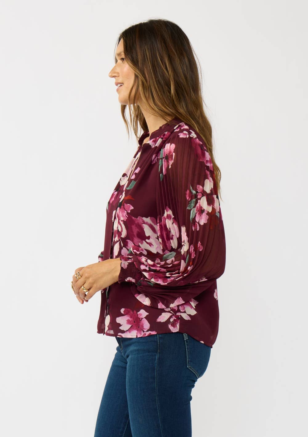 Lovestitch Pleated Sleeve Floral Button Blouse