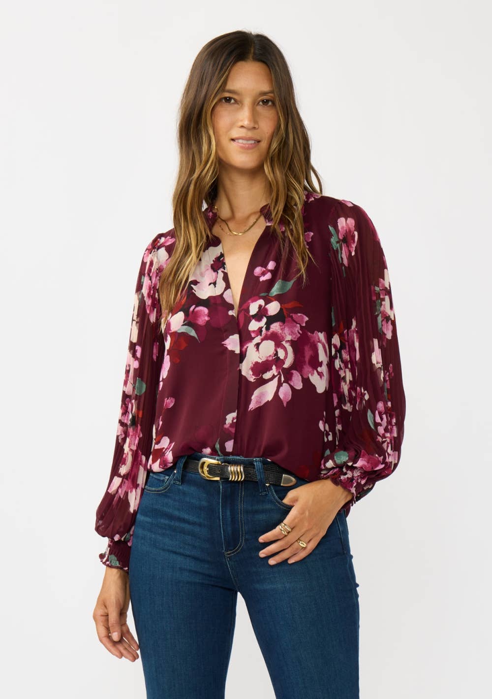 Lovestitch Pleated Sleeve Floral Button Blouse