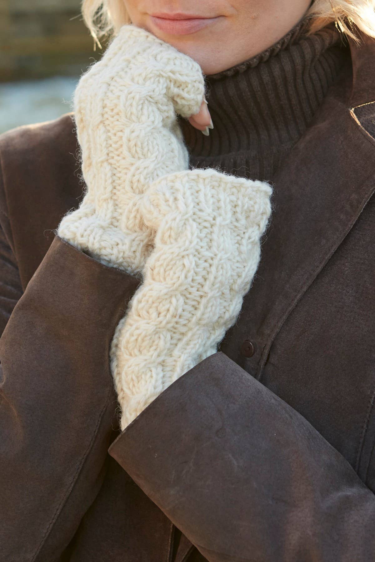Cable Knit Fleece Lined Wool Fingerless Gloves
