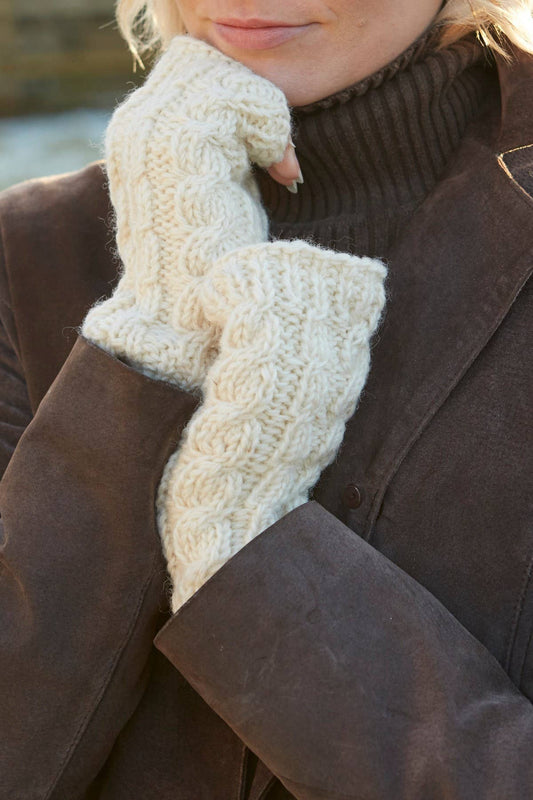 Cable Knit Fleece Lined Wool Fingerless Gloves