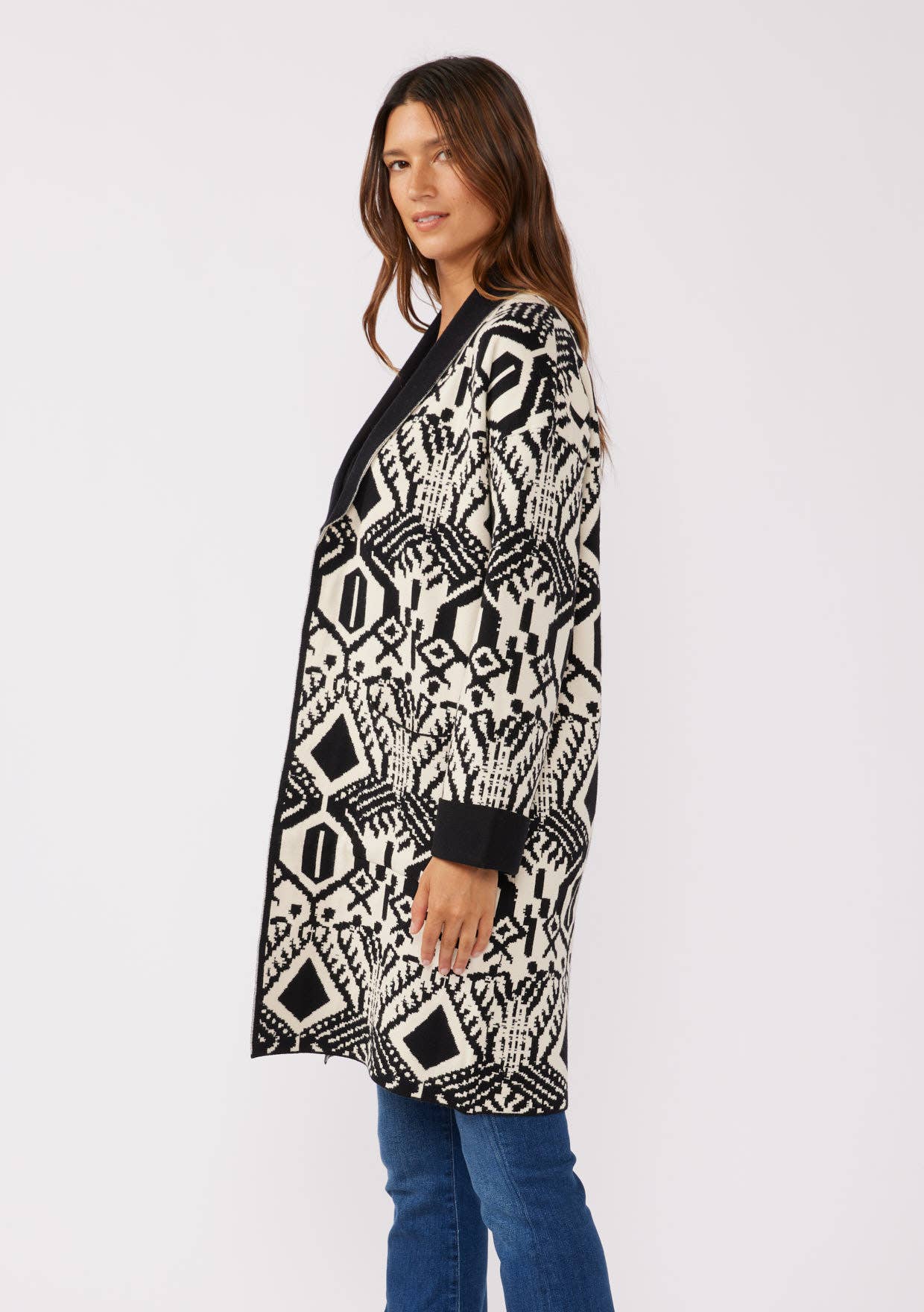 Lovestitch Western Print 3/4 Sleeve Open Front Cardigan