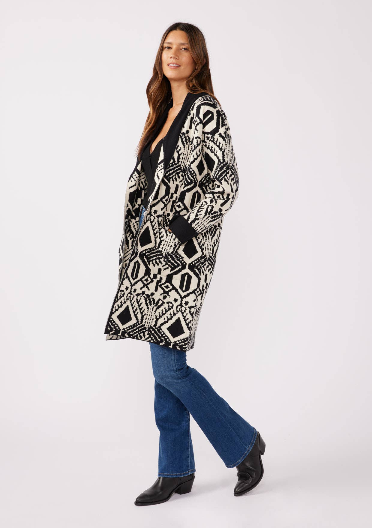 Lovestitch Western Print 3/4 Sleeve Open Front Cardigan