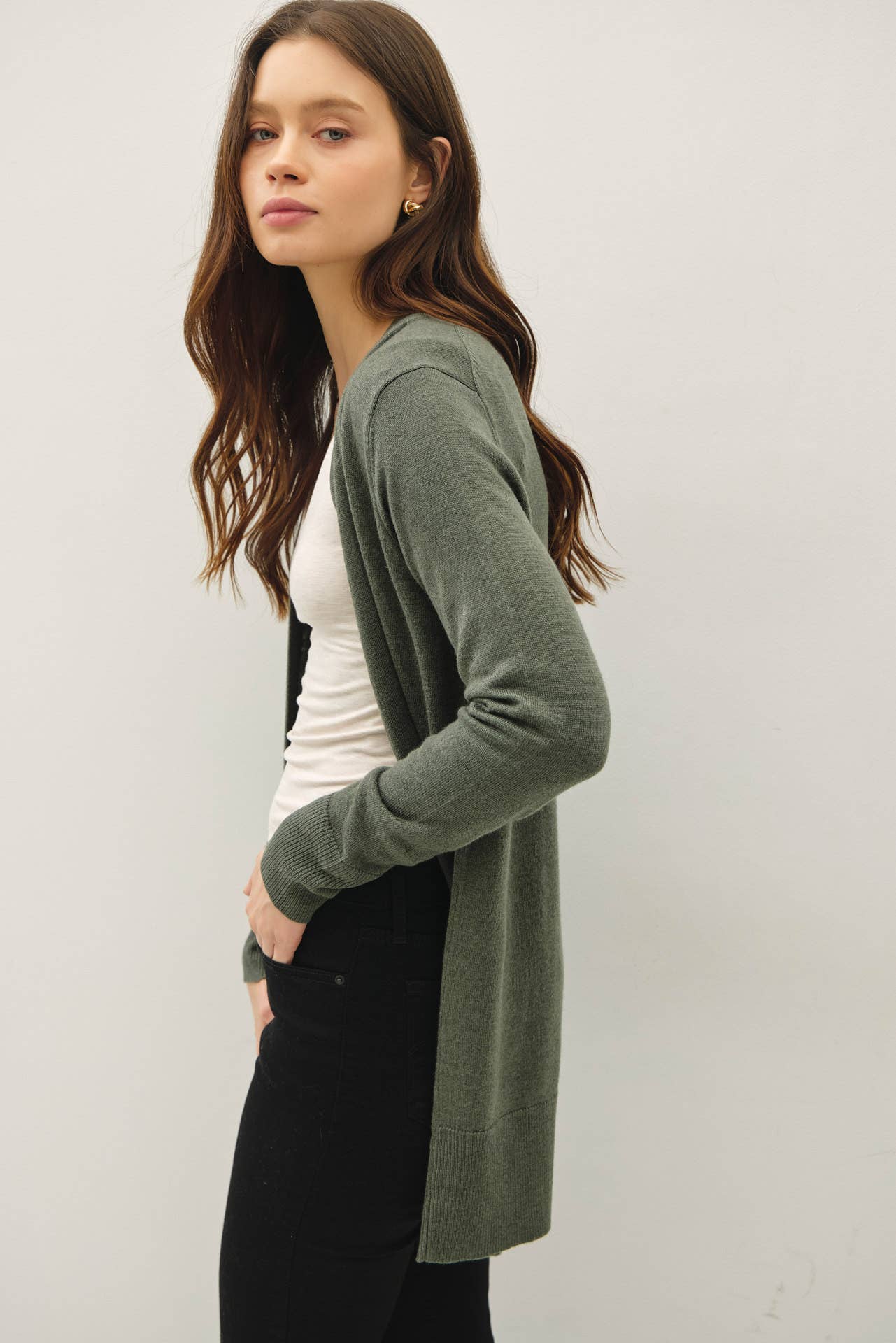 WOOL BLENDED BASIC OPEN LONG CARDIGAN