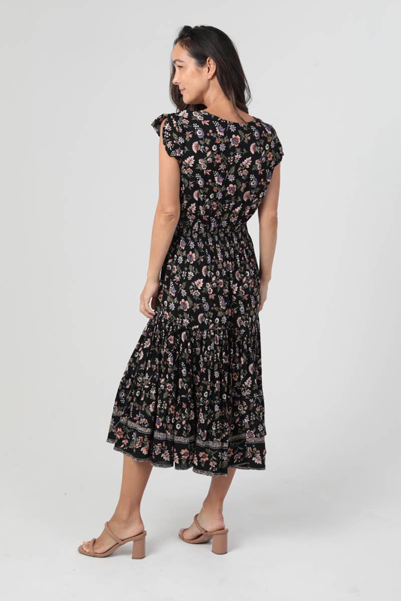 Black Tiered Floral Midi Dress