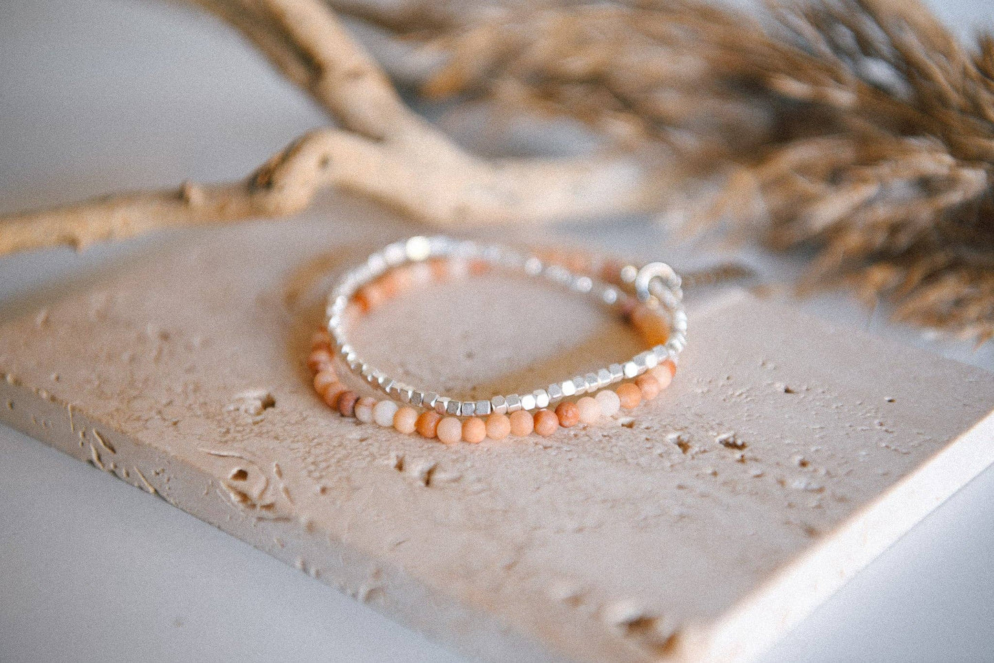 Gemstone Double Wrap Silver Beaded Bracelet