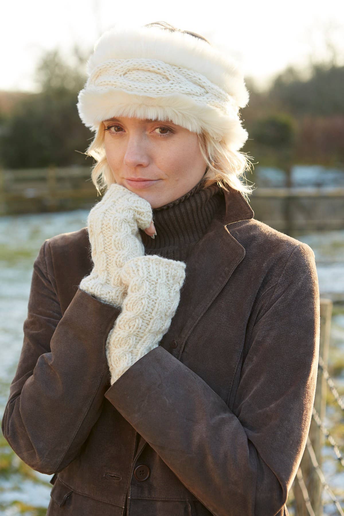 Cable Knit Fleece Lined Wool Fingerless Gloves