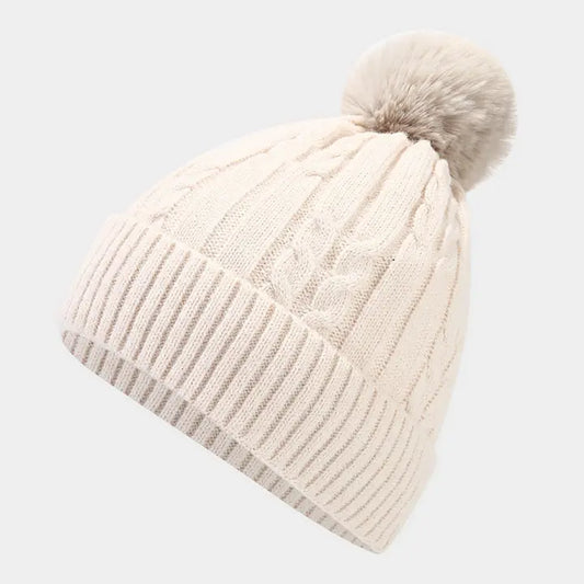 Beige Pom Pom Knitted Hat
