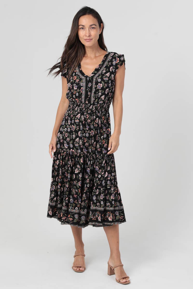 Black Tiered Floral Midi Dress