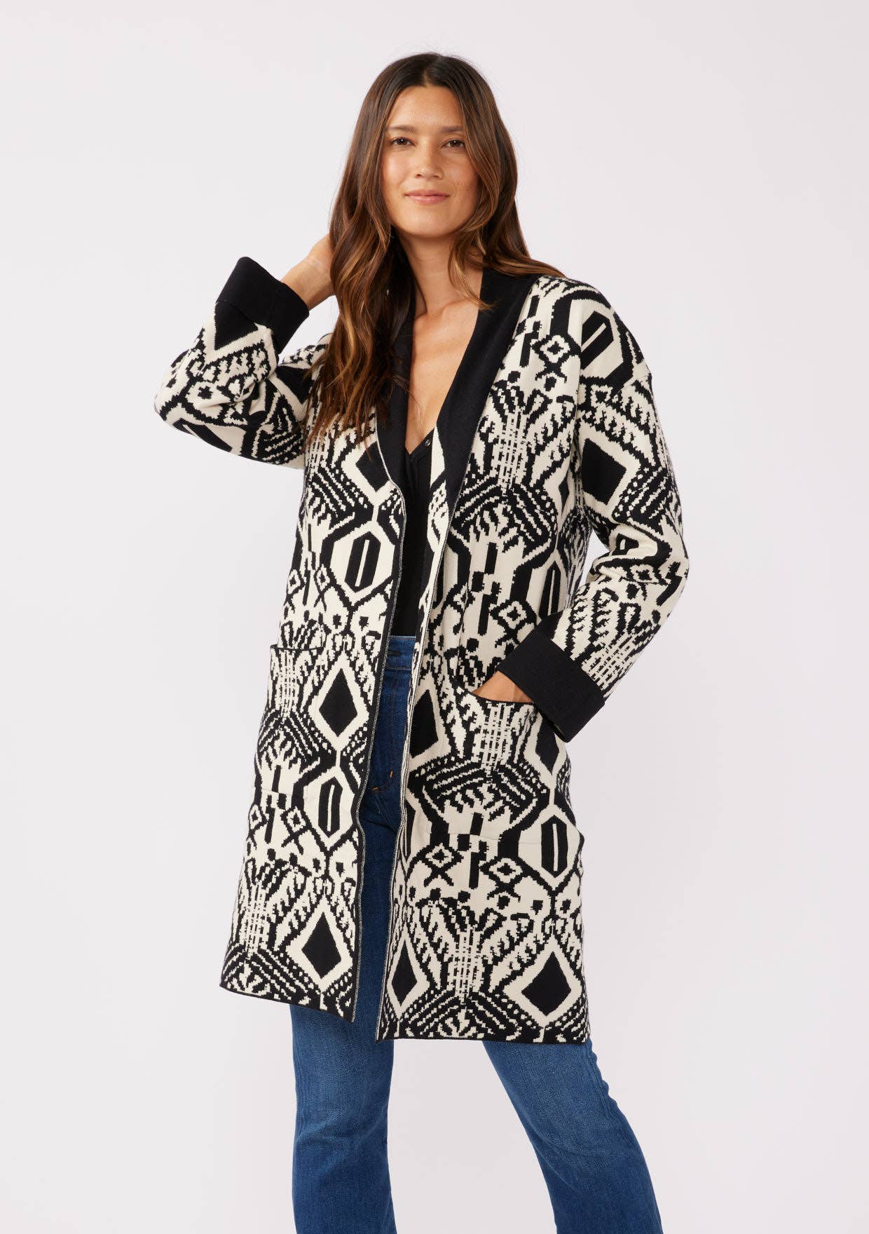 Lovestitch Western Print 3/4 Sleeve Open Front Cardigan