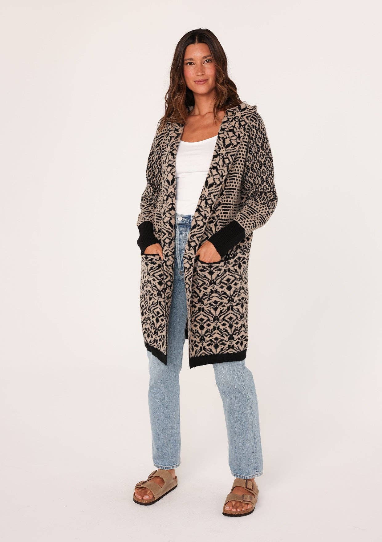Lovestitch Patchwork Jacquard Open Front Hoodie Cardigan