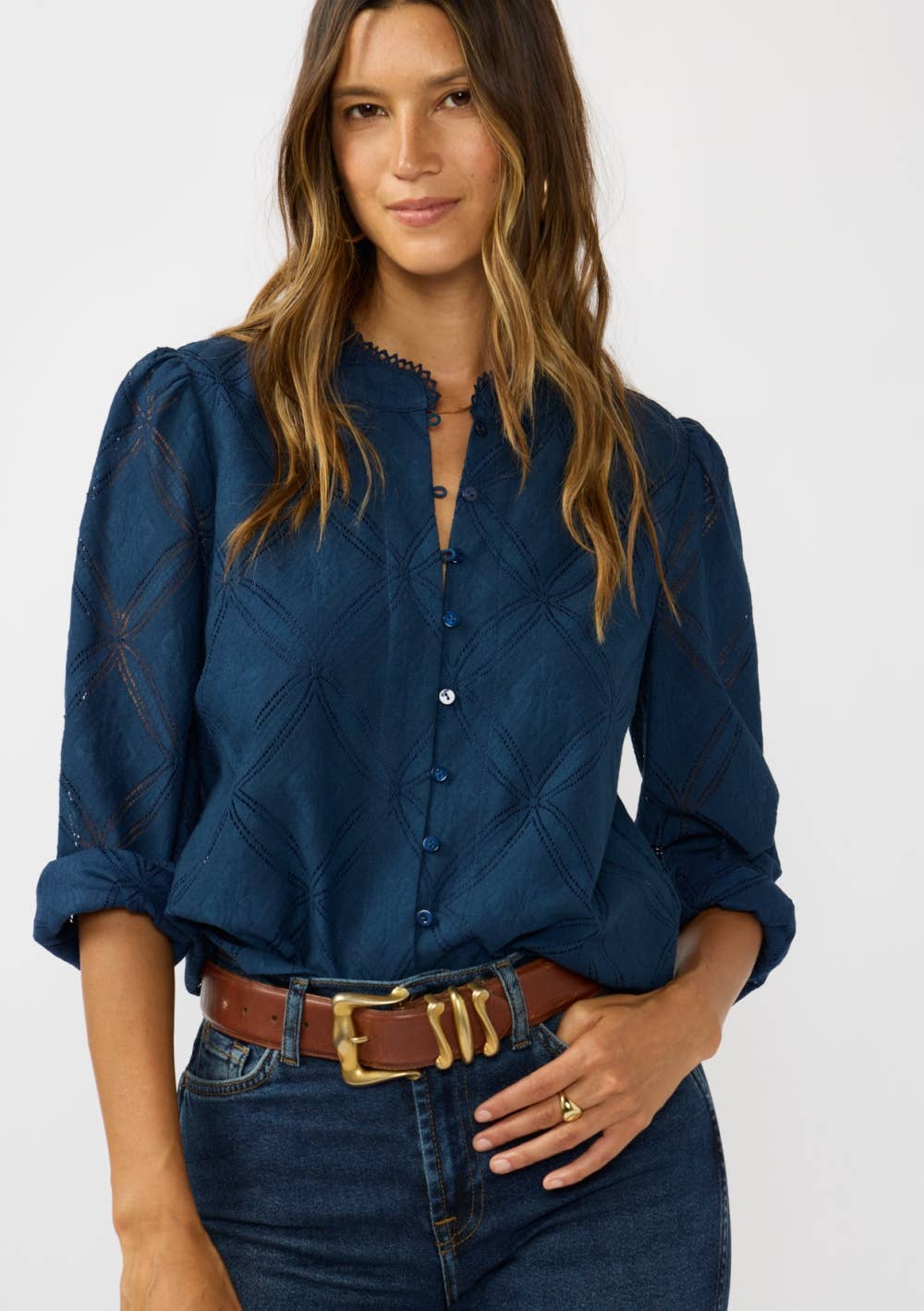 Lace Button Front Blouse with Trim