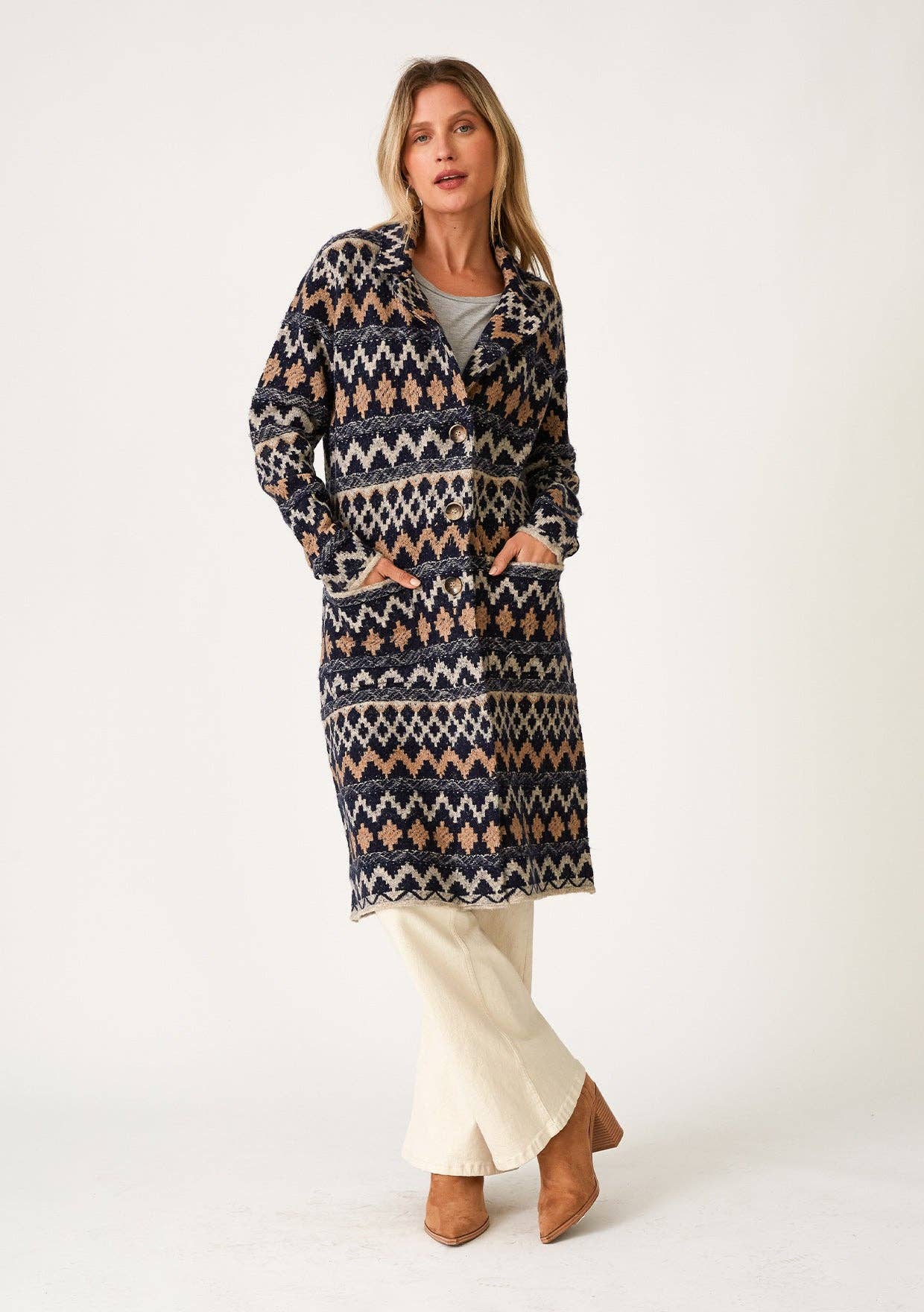 Lovestitch Bohemian Chevron Button Front Knit Cardigan