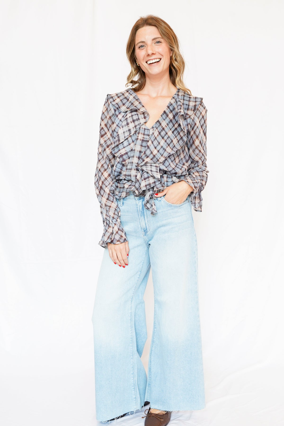 Kennedy Ruffle Peplum Top in Blue Plaid