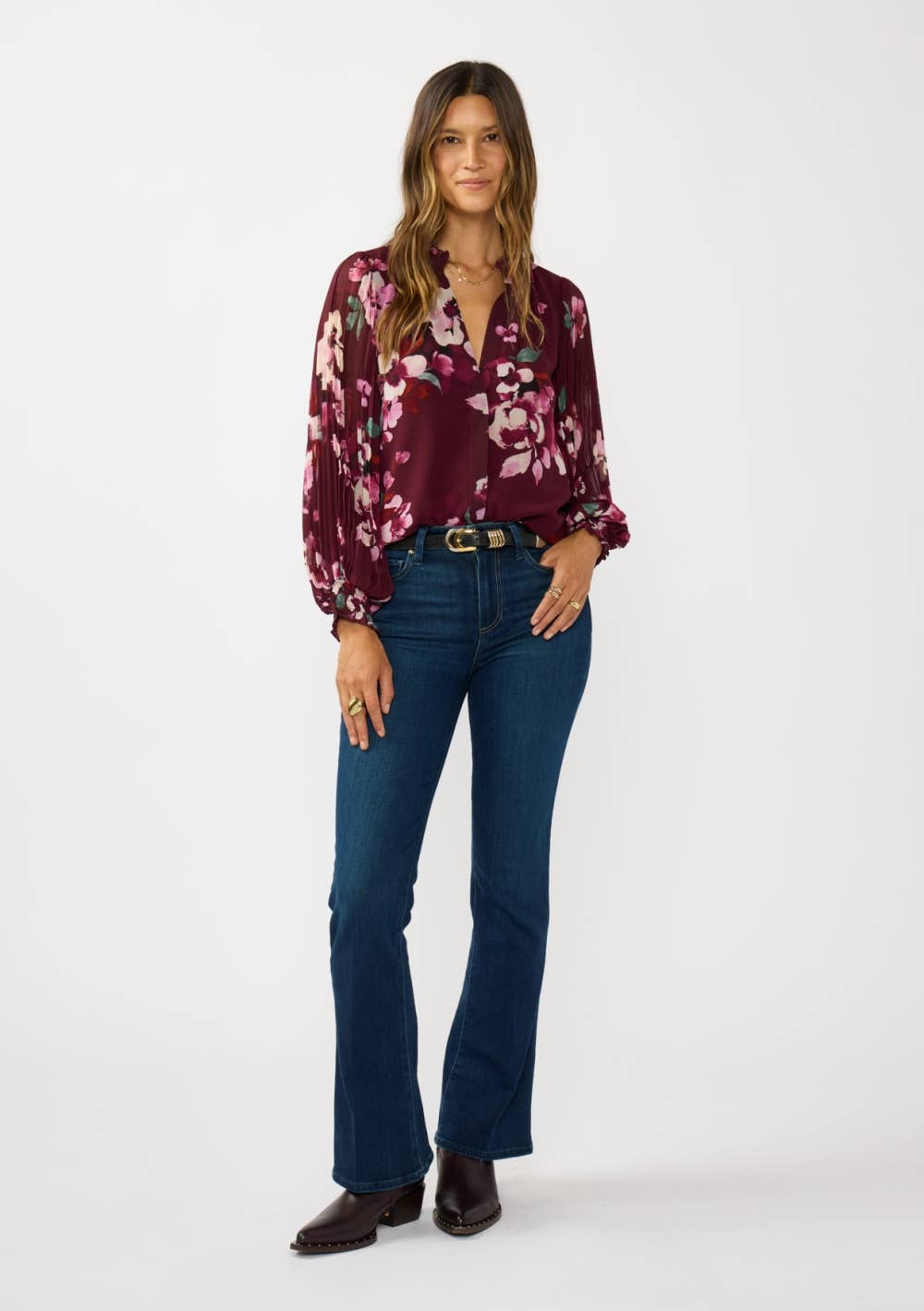 Lovestitch Pleated Sleeve Floral Button Blouse