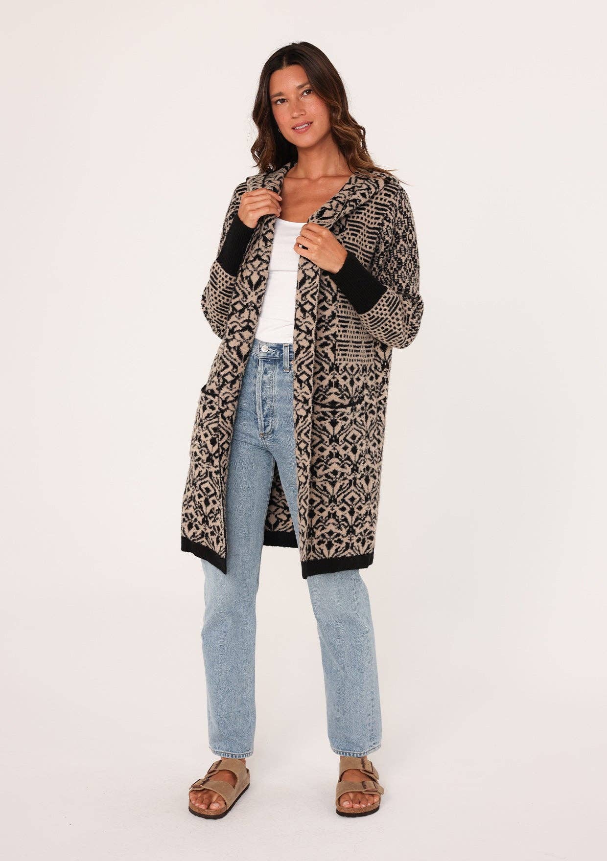Lovestitch Patchwork Jacquard Open Front Hoodie Cardigan