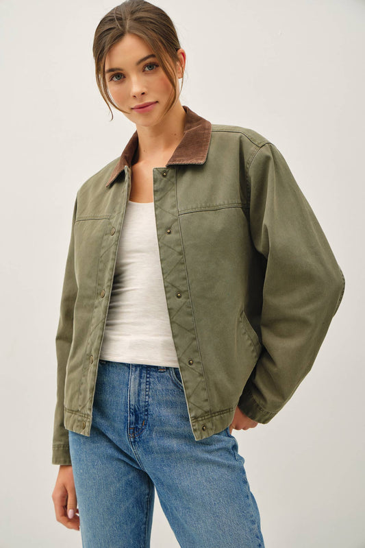 COTTON CHORE JACKET WITH CORDUROY ACCENT COLLAR