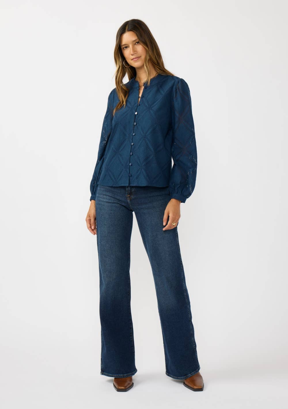 Lace Button Front Blouse with Trim