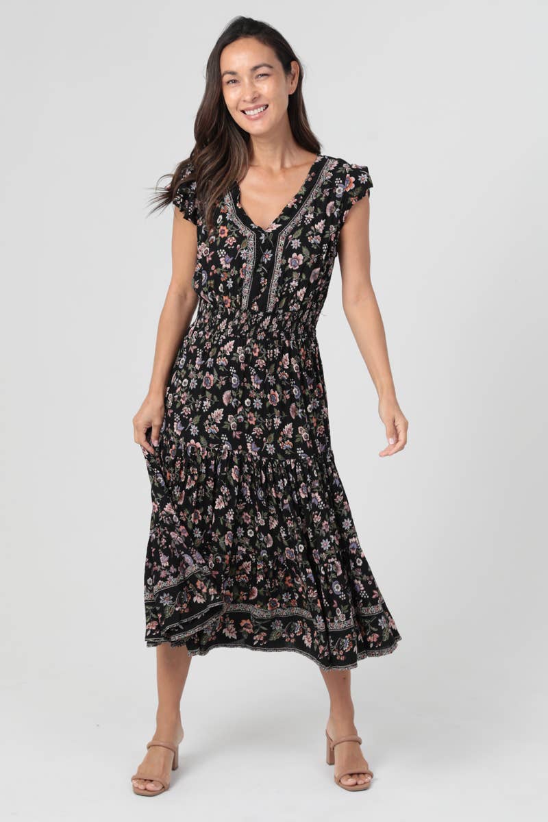 Black Tiered Floral Midi Dress