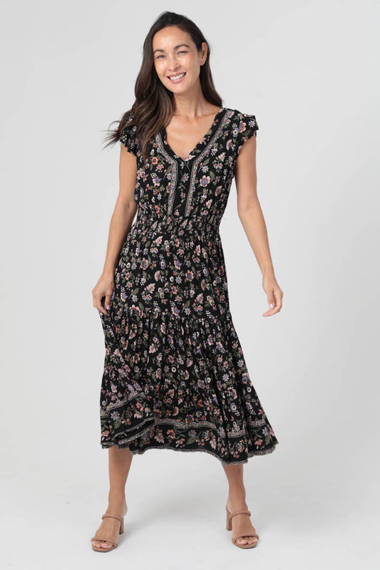 Black Tiered Floral Midi Dress