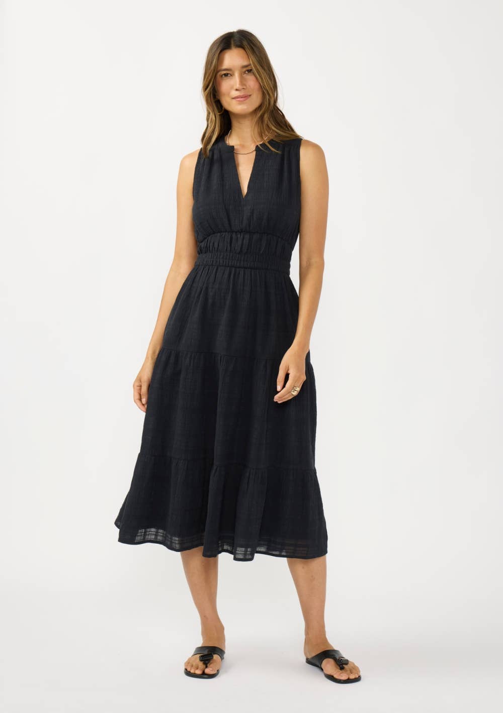 V-Split Neck Tiered Midi Dress with Pockets