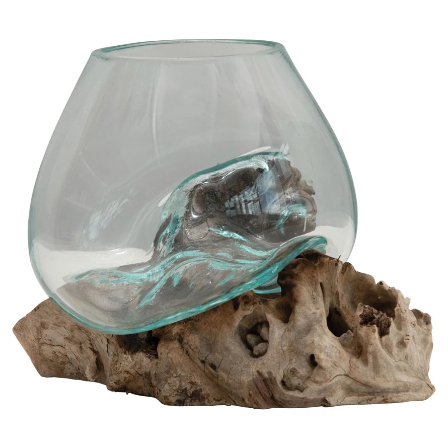 Glass Planter/Vase on Natural Wood Base