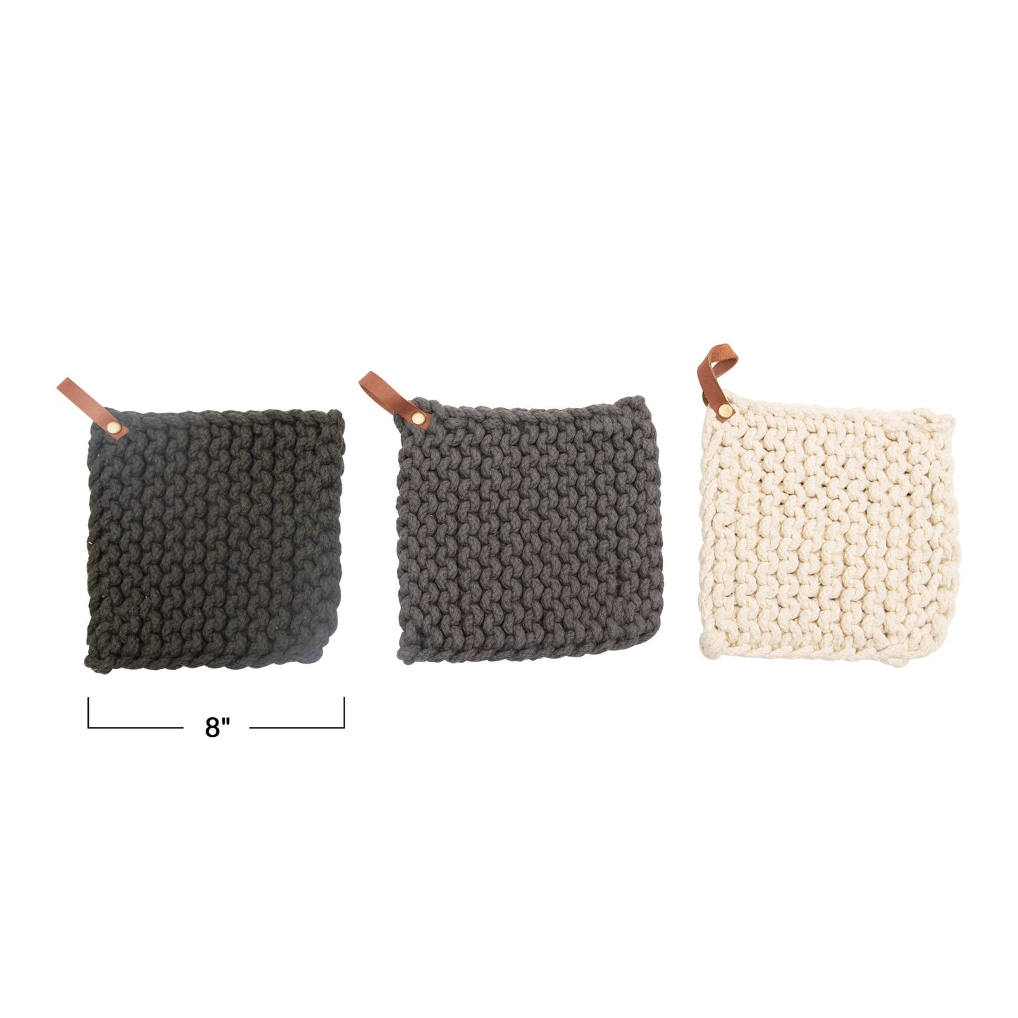 Cotton Crocheted Pot Holder w/ Leather Loop, 3 Colors