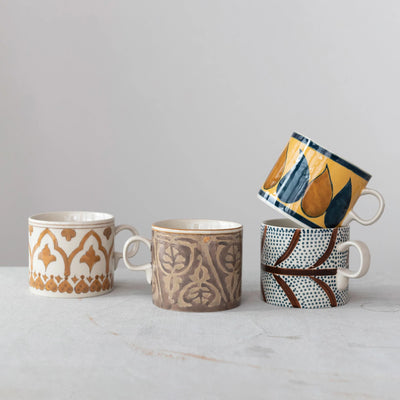 Hand Painted Stoneware Mugs, 4 styles