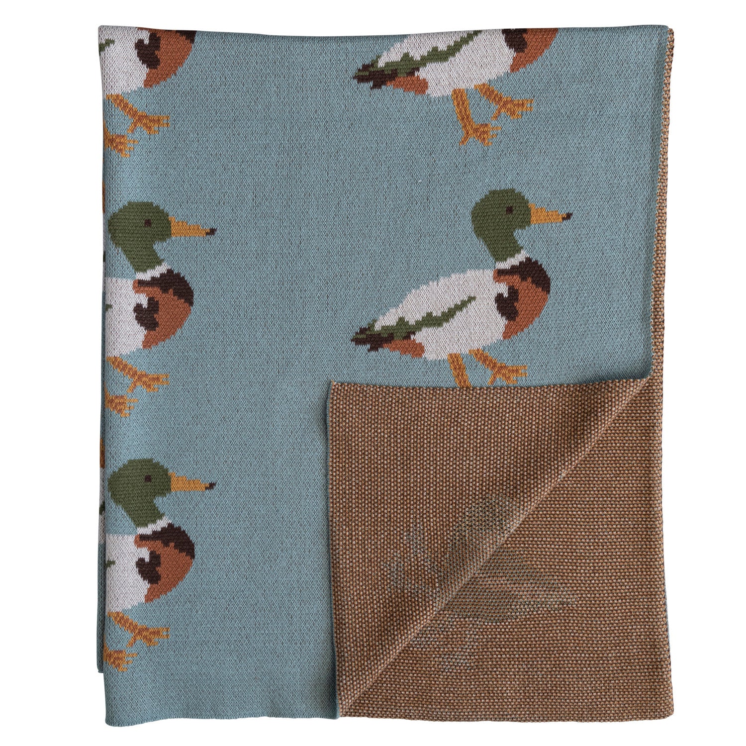 Knitted blanket with duck pattern on a blue background