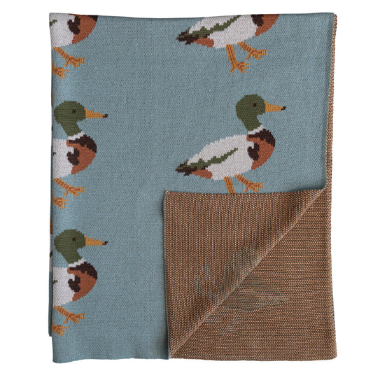 Knitted blanket with duck pattern on a blue background