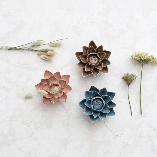 Handmade Stoneware Flower Incense Holder, Reactive Glaze, 3 Colors