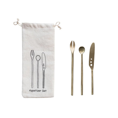 Brass Appetizer Cutlery, Matte Finish, Set of 3 in Printed Drawstring Bag