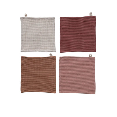 Woven Linen & Cotton Waffle Dish Cloths w/ Loops, 4 Colors, Set of 4