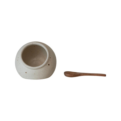Stoneware Salt Cellar w/ Mango Wood Spoon, Set of 2