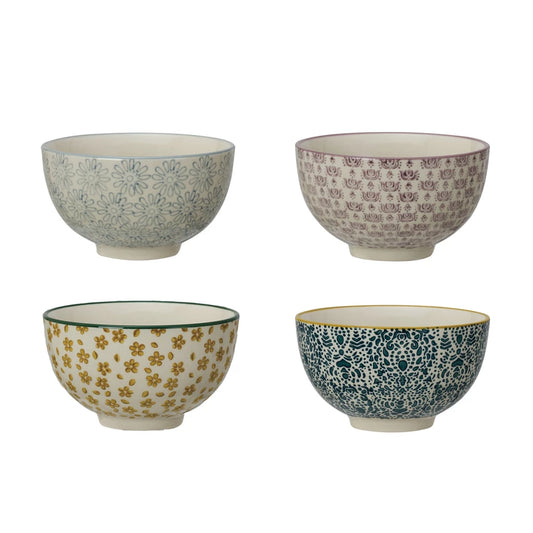 Stoneware Bowl w/ Pattern, 4 Colors