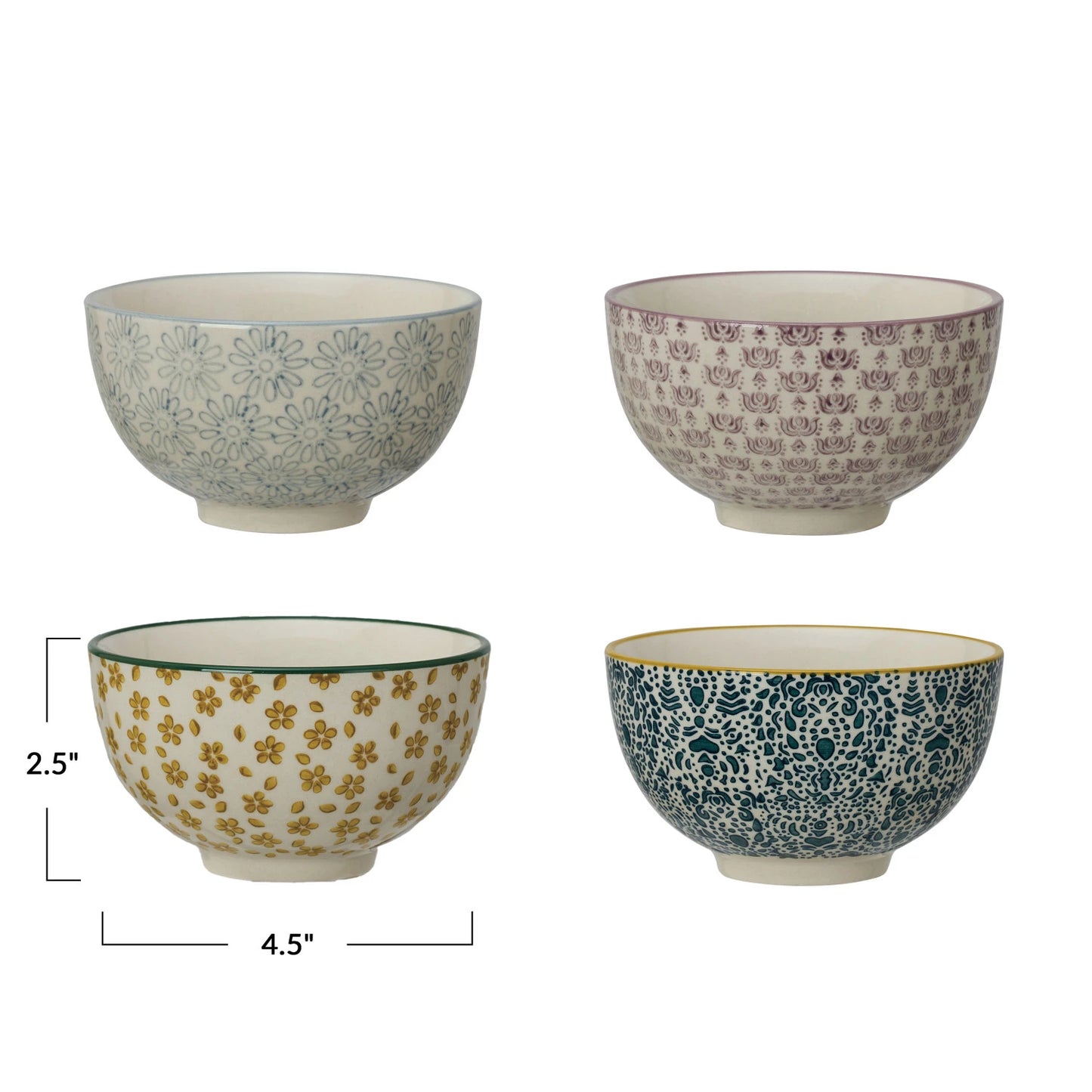 Stoneware Bowl w/ Pattern, 4 Colors