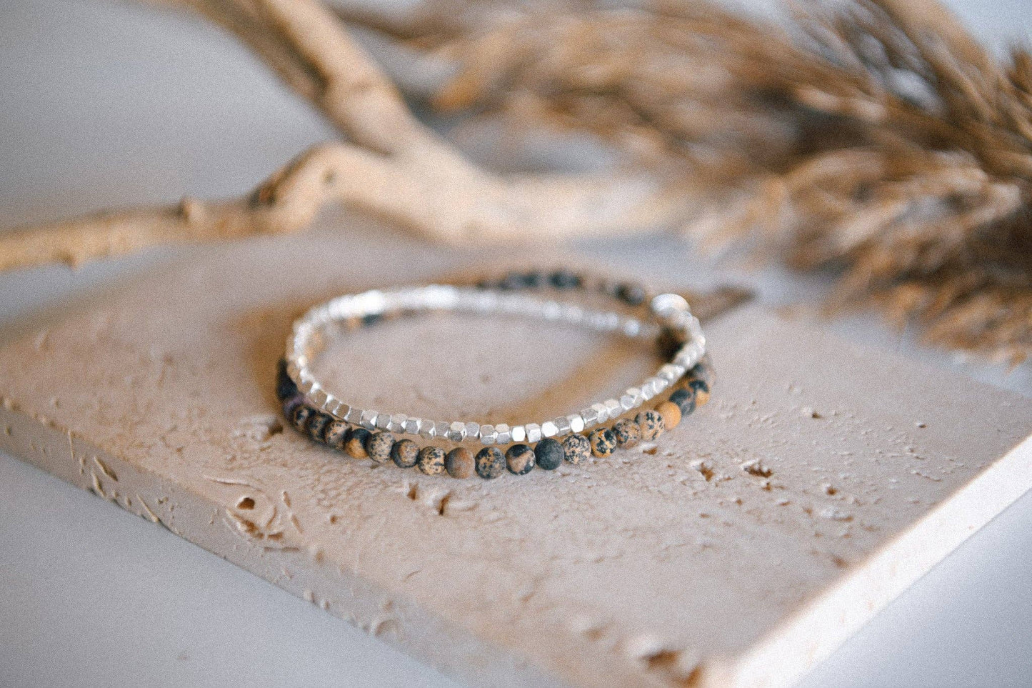 Gemstone Double Wrap Silver Beaded Bracelet