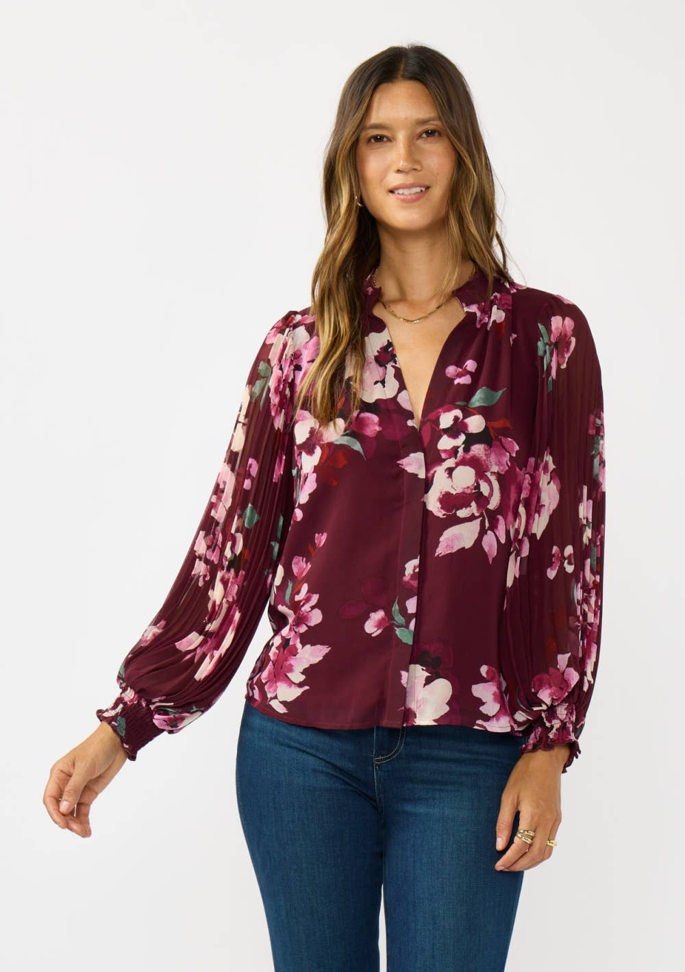 Lovestitch Pleated Sleeve Floral Button Blouse