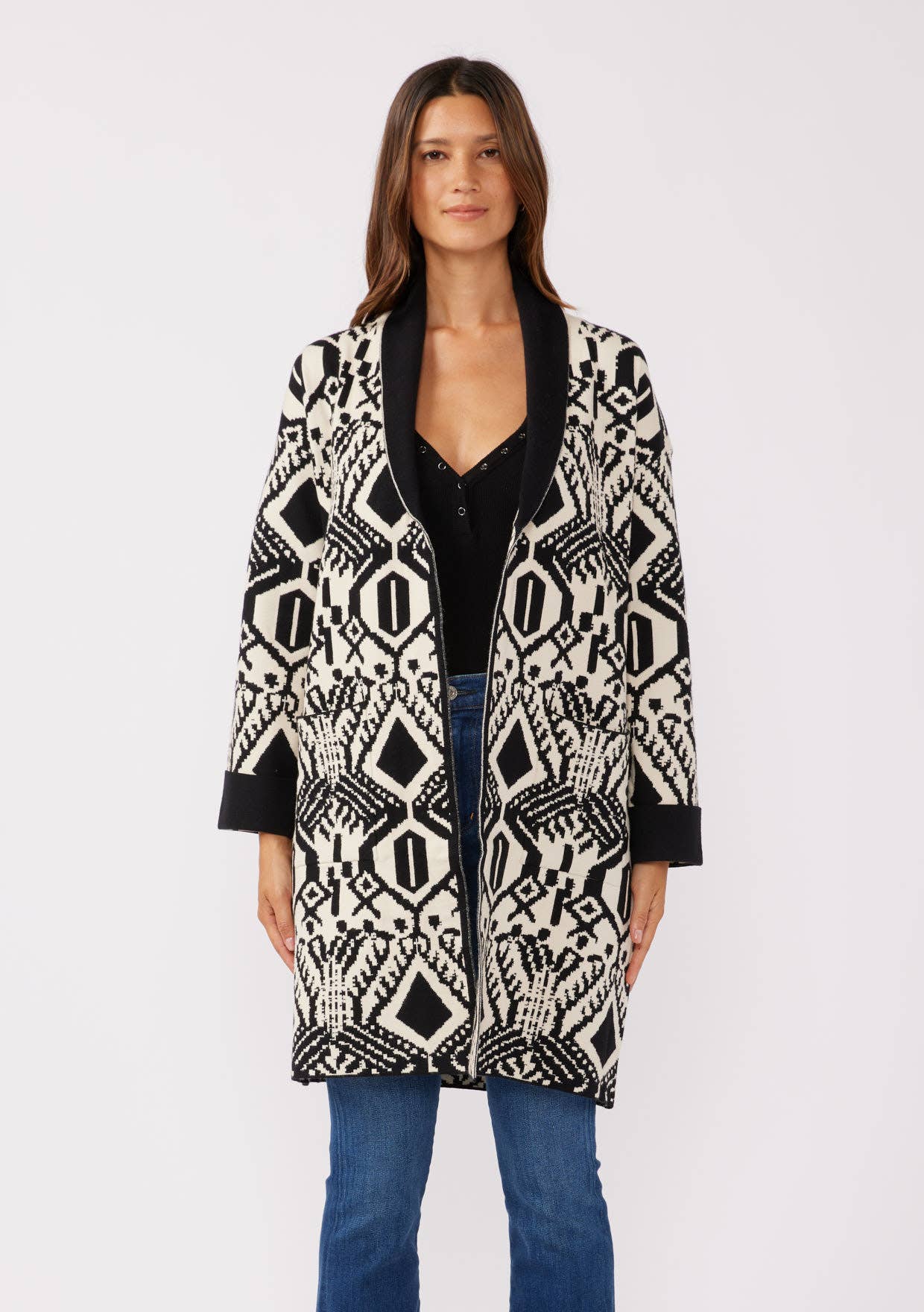 Lovestitch Western Print 3/4 Sleeve Open Front Cardigan