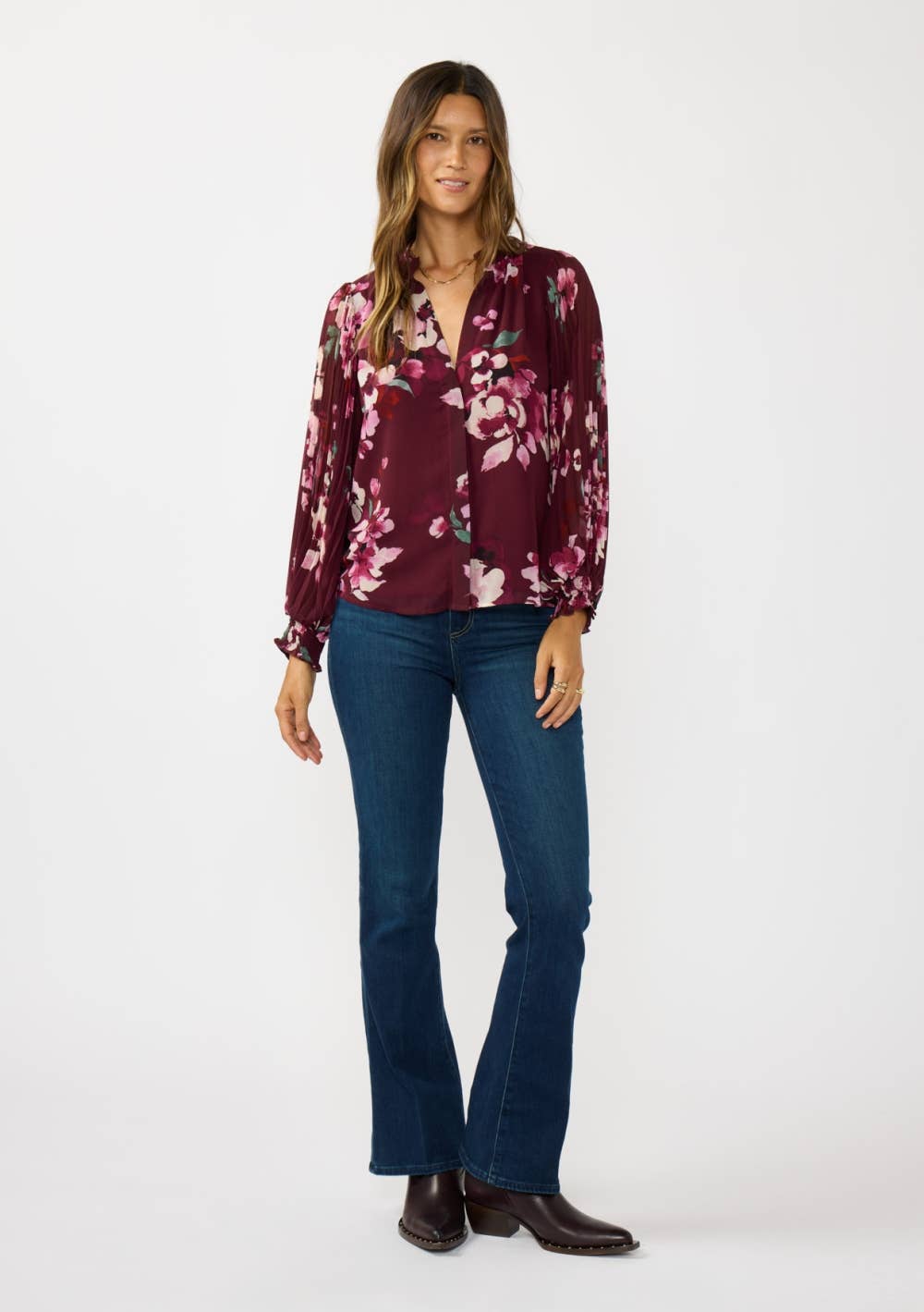 Lovestitch Pleated Sleeve Floral Button Blouse